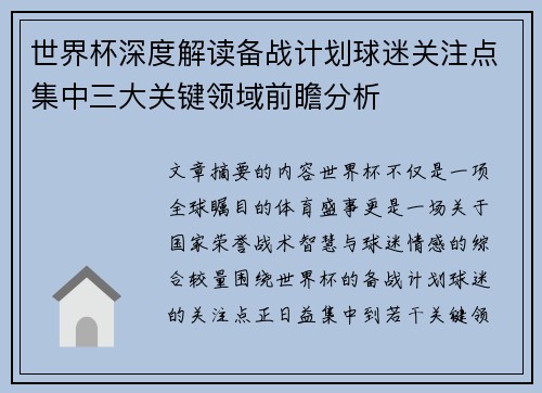 世界杯深度解读备战计划球迷关注点集中三大关键领域前瞻分析